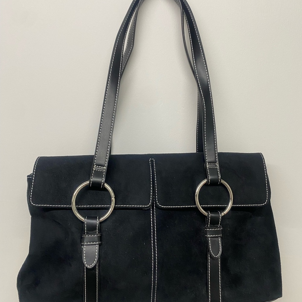 Black Suede East West Tote Bag with Ring Detail - Women